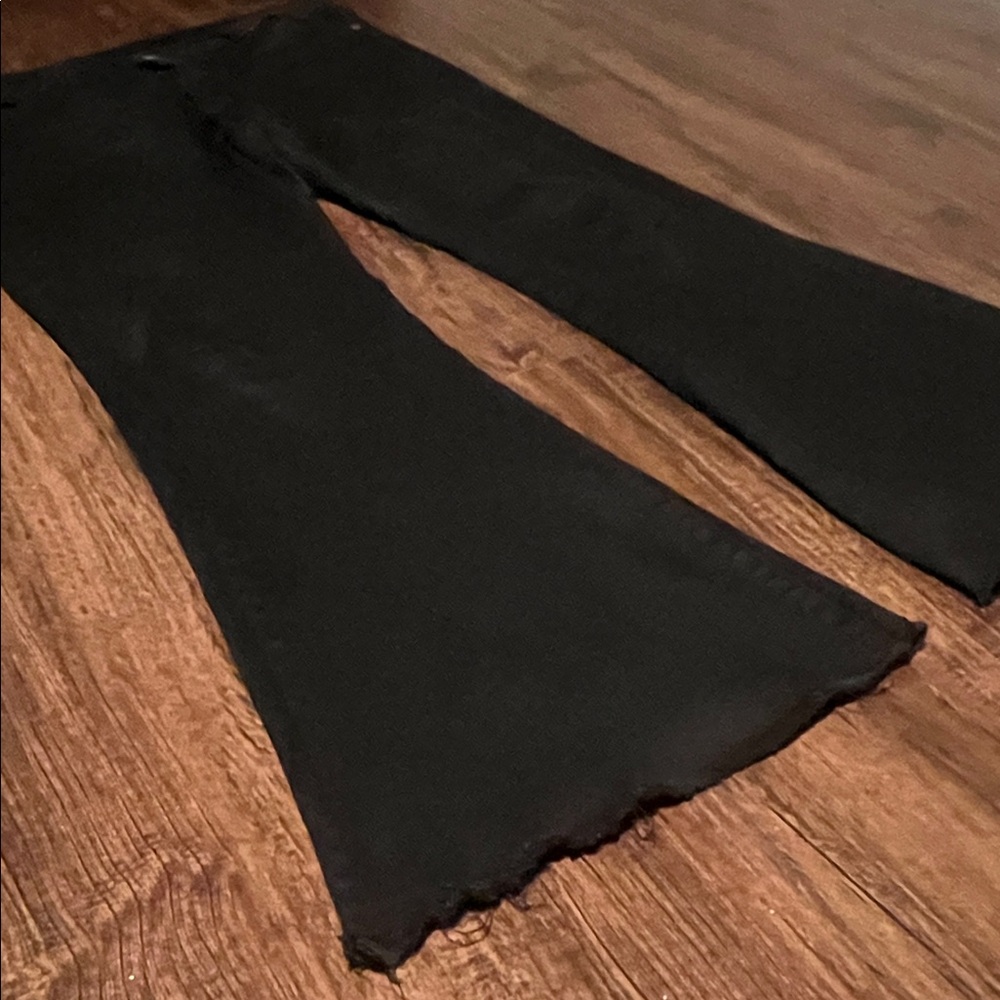 Elegant Black Flare Bell Bottom, Mid Rise Stretch Raw Hem cut